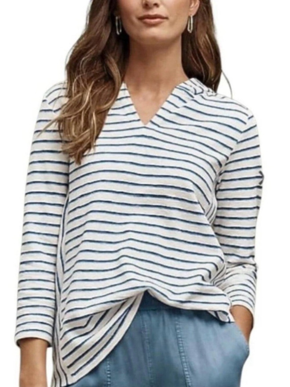 J. Jill White & Blue Striped V-Neck Tunic Large